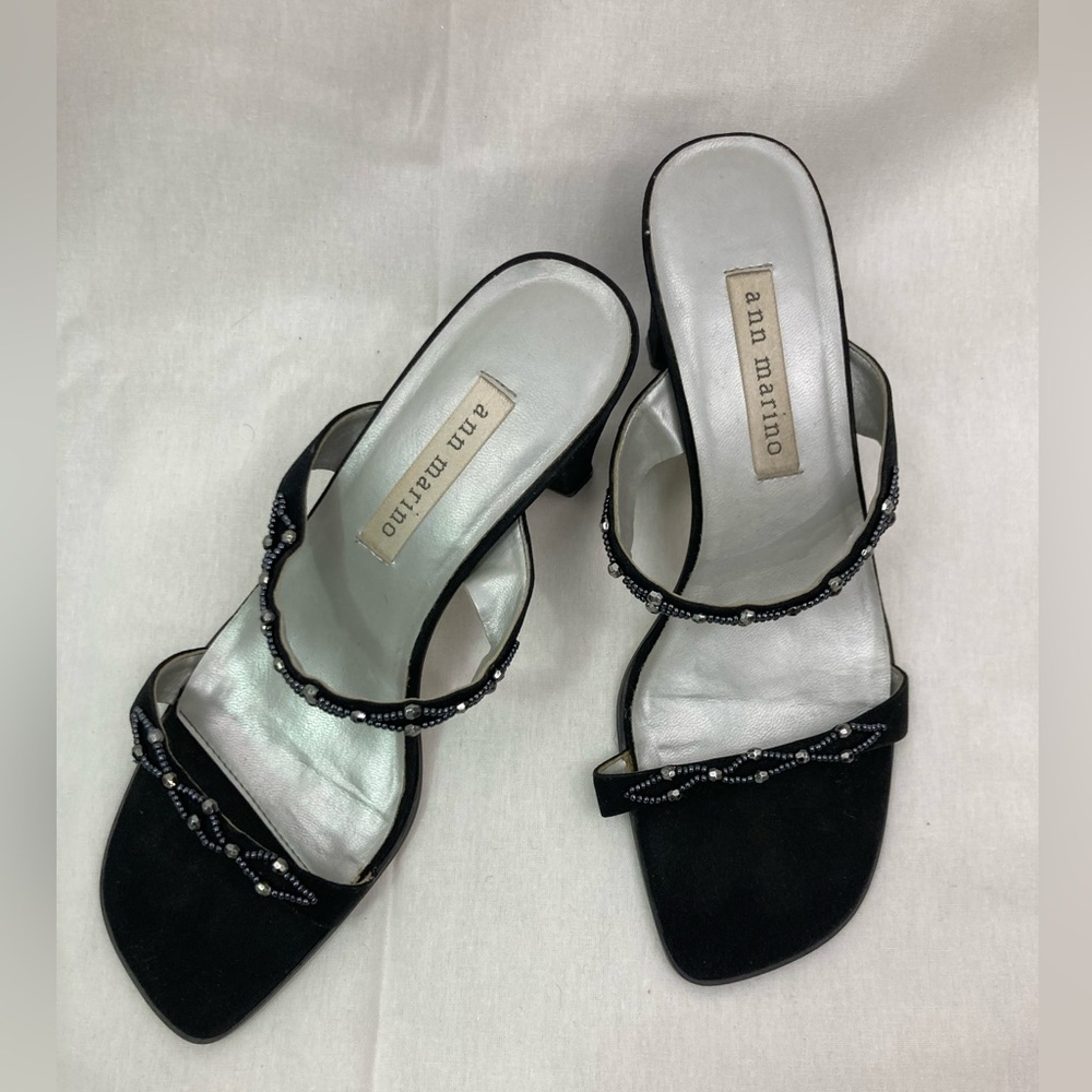 Ann Marino black satin kitten-heel strappy pumps with platinum/black beading